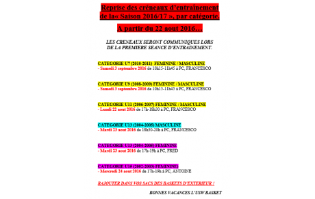 Créneaux de reprise jeunes 